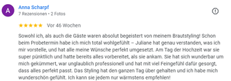 Echte Kundenmeinungen und Bewertungen  zum Brautstyling in Einsiedeln,  mit professionellem Airbrush-Make-up und Brautfrisuren für den Hochzeitstag.