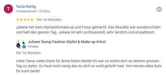 Echte Kundenmeinungen und Bewertungen  zum Brautstyling in Einsiedeln,  mit professionellem Airbrush-Make-up und Brautfrisuren für den Hochzeitstag.