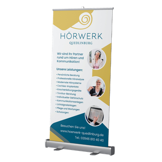 Roll-Up-Banner Rollup Banner Messewand von VAJUS Mediendesign für Hörzentrum Quedlinburg Hörakustik Werbung für Hörakustiker