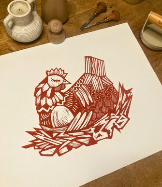 Linoprint of a chicken with its egg in warm brown