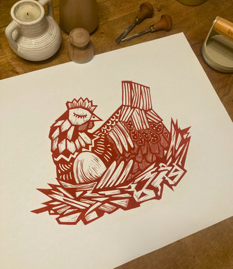 Linoprint of a henn watching her egg