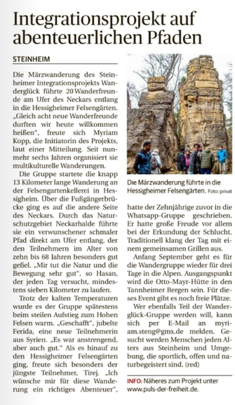 Pressebericht über Myriam vom Outdoor-Blog Puls der Freiheit – Artikel zu Wandertouren, Bergabenteuern, Naturprojekten und dem Integrationsprojekt Wanderglück