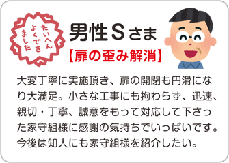 男性Ｓさま【扉の歪み解消】大変丁寧に実施頂き、扉の開閉も円滑になり大満足。小さな工事にも拘わらず、迅速、親切・丁寧、誠意をもって対応して下さった家守組様に感謝の気持ちでいっぱいです。今後は知人にも家守組様を紹介したい。