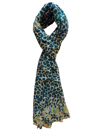 Wool and silk shawl, pints and flowers printed petrol isolated background.