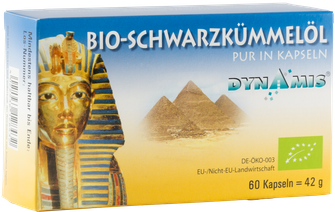 BIO Schwarzkümmelöl Kapseln PUR von Firma Dynamis Gesundheitsprodukte GmbH. Hergestellt in Deutschland aus ägyptischem kaltgepressten Öl.