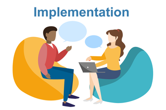 「Implementation」相談や実行支援を示すイラスト