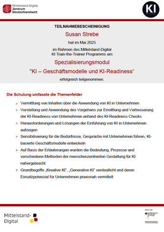 Teilnahmebescheinigung Spezialisierungsmodul "KI – Geschäftsmodelle und KI-Readiness“