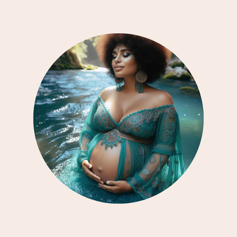photo via IA d'une future maman métisse rayonnante dans la rivière, dans un déshabillé dentelle turquoise, qui soutient son beau ventre rond