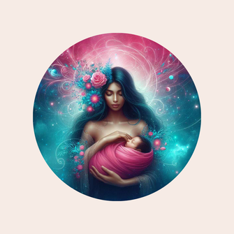 illustration par IA: arrière-plan galaxie couleurs turquoise, fushia. 1er plan : jeune mère tenant son nouveau-né emmailloté. beau, lumineux