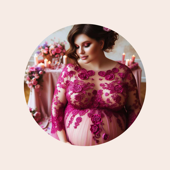 photo par IA d'une femme enceinte vêtue d'une robe dentelle fushia, installée dans une chambre aux tons doux et rosés, arrière-plan avec des bouquets de fleurs retombants. impression de douceur et beauté