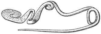 Fig. 583. Serpentine bow fibula with pin catch made from a disc plate. The fibula was formed from a simple bronze rod sharpened at the end of the pin. It was found in pairs in a tomb in Italy.
