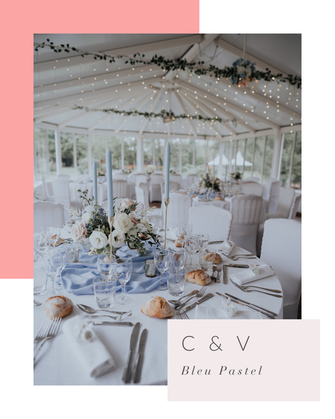 Décoration de salle et centres de table dans les tons bleu pastel, mariage thème couleur bleu pastel, décoration de mariage par My Daydream Wedding, wedding planner et wedding designer à Paris, Nantes et Lille