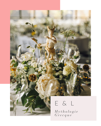 Centre de table mariage fleuri, avec une statue grecque, mariage thème mythologie grecque et eucalyptus, par My Daydream Wedding, organisatrice et décoratrice de mariage sur Nantes, Paris et Lille