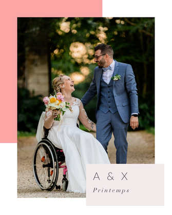 Mariée en fauteuil roulant qui sourie à son mari, lors d'un mariage sur le thème Printemps, jour J organisé et décoré par My Daydream Wedding, wedding planner et designer à Nantes