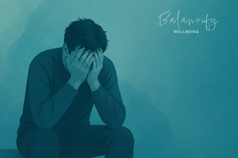 Minimalistische Illustration einer erschöpften Person mit den Händen vor dem Gesicht in Petrol und Türkistönen als Symbol für Burnout, Stress und emotionale Erschöpfung.