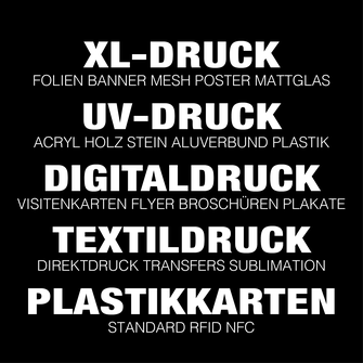 Durch Klick auf diesen Button gelangst Du zur Rubrik Druck: Hier findest Du Großformatdruck, UV-Druck, Textildruck und Plastikkartendruck