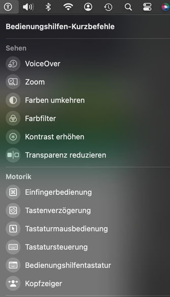 Dieses Bild zeigt ein Beispiel für Bedienungshilfen eines Apple Rechners. Es geht unter anderem um Voice Over, Zoom, Farbenumkehr, Kontrasterhöhung aber auch um motorische Erleichterungen.