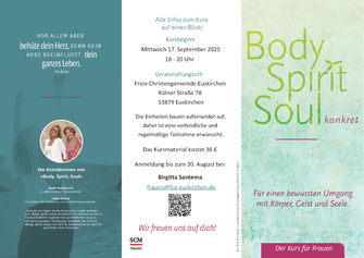 Body Spirit Soul Kurs, Kursbeginn, 17.09.2025, 18-20 Uhr, Kölner Straße 78, Euskirchen, Anmeldung bis 30.08.2025 unter frauen@fcg-euskirchen.de, Download Flyer per Klick