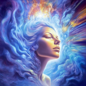 eine Frau mit blau-violettem Haarschopf der übergeht in blaue wolken umgeben von einem Strahlenmeer, im Stil kosmischer Symbolik, Airbrush, vielschichtige Dimensionen, heller Glanz, übertriebene Gesichtszüge, symbolische Elemente