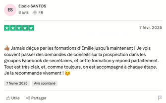 Avis client Trustpilot d’une élève de l’École de Secrétariat d’Émilie après avoir suivi une formation.