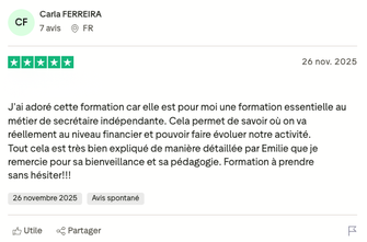 Avis client Trustpilot d’une élève de l’École de Secrétariat d’Émilie après avoir suivi une formation.