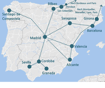 Das Bahnnetz in Spanien - Beispielverbindungen