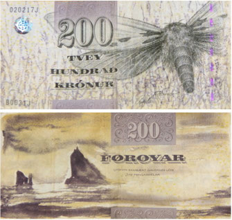 Die Vorder- und Rückseite der 200-er Kronen-Banknote der Färöer Inseln. Auf der Rückseite ist eine der Insel dargestellt, auf der Vorderseite ein fliegendes Insekt.
