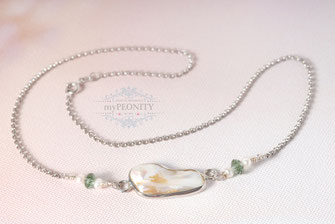 Muschelkern Perle Silber  Halskette mini Perlen Peridot