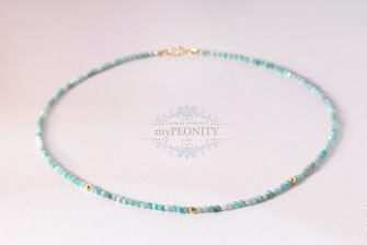 Gefädelte Halskette Amazonit vergoldetes Silber