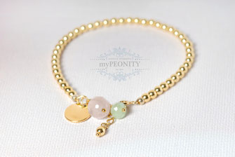 Bettelarmband Gold Plättchen Rosenquarz Kristall Pyrit