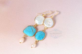 Türkis Ohrringe mit Perlen, vergoldet 