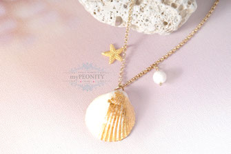 Echte Muschel Blatt vergoldet Seestern Halskette