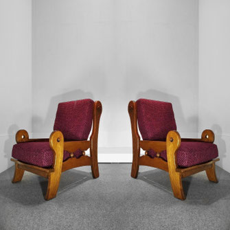 Belgian Brutalist Oak Armchairs, Hand-carved Craftsmanship With Violet Chanel Tweed, c.1970s PN.Modern pnmodern.com