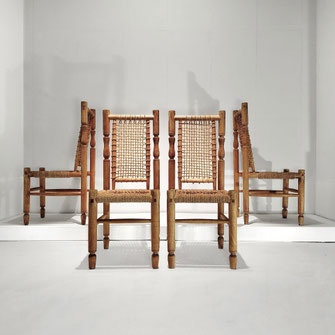Adrien Audoux & Frida Minnet Set of Four Dining Chairs  Bentwood, Hemp Rope, France, C.1950 PN.Modern pnmodern.com