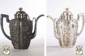 Restoration of a silver jug ​​enhanced with gold (China, circa 1680-1685) Which was offered to Louis XIV in 1686   before and after its restoration sponsorship of the LVMH group.   Castle of Versailles