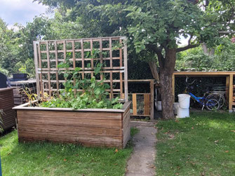 Frau steht bei ihrem großen Hochbeet - Garten, Hochbeet, Gartenhaus, Bausatz, Gemüsebeet, Gemüseanbau