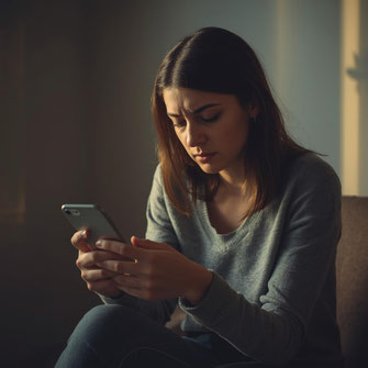 Une personne stressée ou pensive tenant un téléphone, ambiance douce mais réaliste. Elle est en détresse émotionnelle et consulte de la voyance immédiate gratuite.