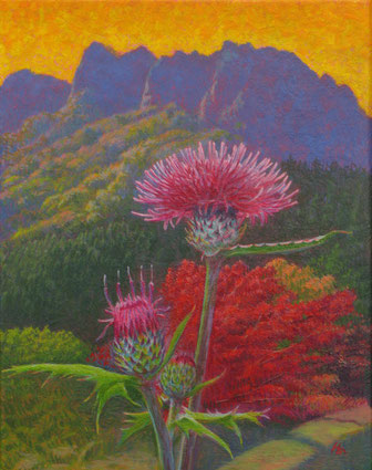 「landscape」140×180（0F） 油彩　￥108,000(税込)/季節はずれの薊（アザミ）の花です。故郷の妙義山を背景に色彩をテーマに描きました。