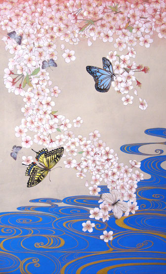 「誕生」M10号 53×33.3cm 雲肌麻紙、岩絵具、金泥 2012年。 日本画での初個展の作品。