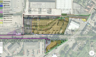 Plan of Bicester Town overlaid over aerial view.  Click to expand.