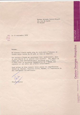 Pierre Boulez musicien IRCAM lettre sigée CD Galerie MUSIQUE