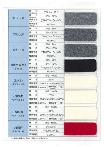 2700，原色R25M，2800，原色R23M，2900，原色R19M，NG，原色染色，NKS，NKM，NKH，バフフェルト，毛氈