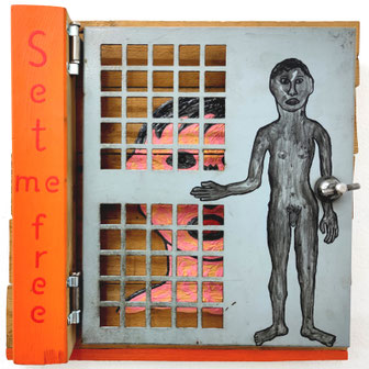 "Set me free": Fundstück, Holz, Metall, Acryl auf Holz, 40 x 40 cm, 2023