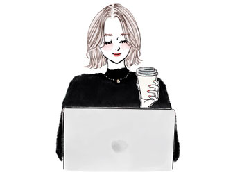 テイクアウトコーヒーを片手にノートパソコンに向かう女性。