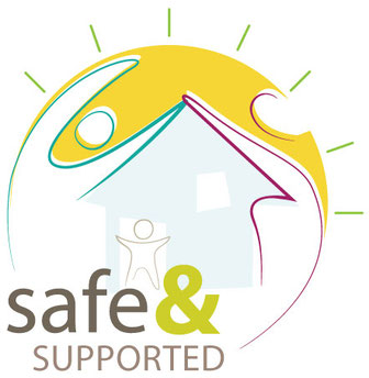 Safe & Support spaces logo: cartoon of a child in a house made of two adults, in front of the sun