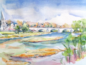 pont wilson, saint cyr, bord de Loire, aquarelle, loire a velo, aquapainting, bridge painting, séverine saint-Maurice, lescerclesdelumiere.com