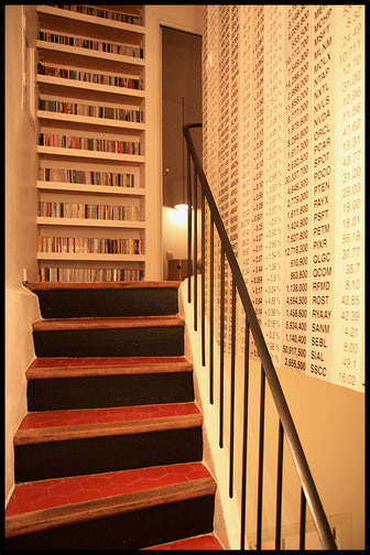 Un papier peint graphique scénographie la montée d'escaliers
