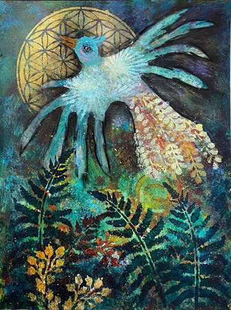 Intuitive Mixed Media Art mit Nachtigall und Blume des Lebens