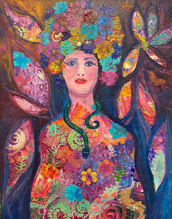 Intuitives Mixed media Frauenportrait im Stil von Klimt