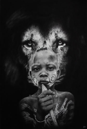 boy lion wild spirits drawing by french pencil artist Magali Lapeyre-Mirande garçon lion esprits sauvages dessin artiste dessinatrice